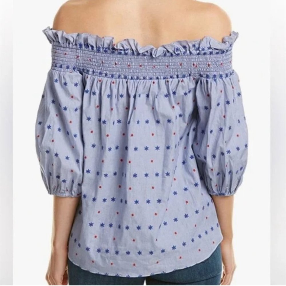 Parker Small Spade Blue Embroidered Chest Bow On Off Shoulder Top1/2 Sleeve Top - Picture 2 of 6